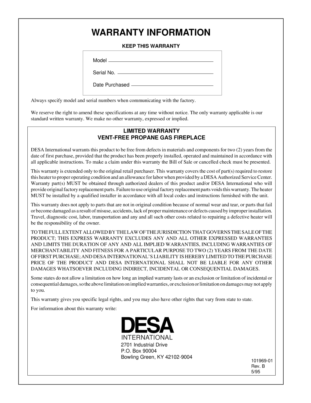 Desa UNVENTED (VENT-FREE) PROPANE GAS FIREPLACE installation manual Warranty Information, Keep this Warranty 