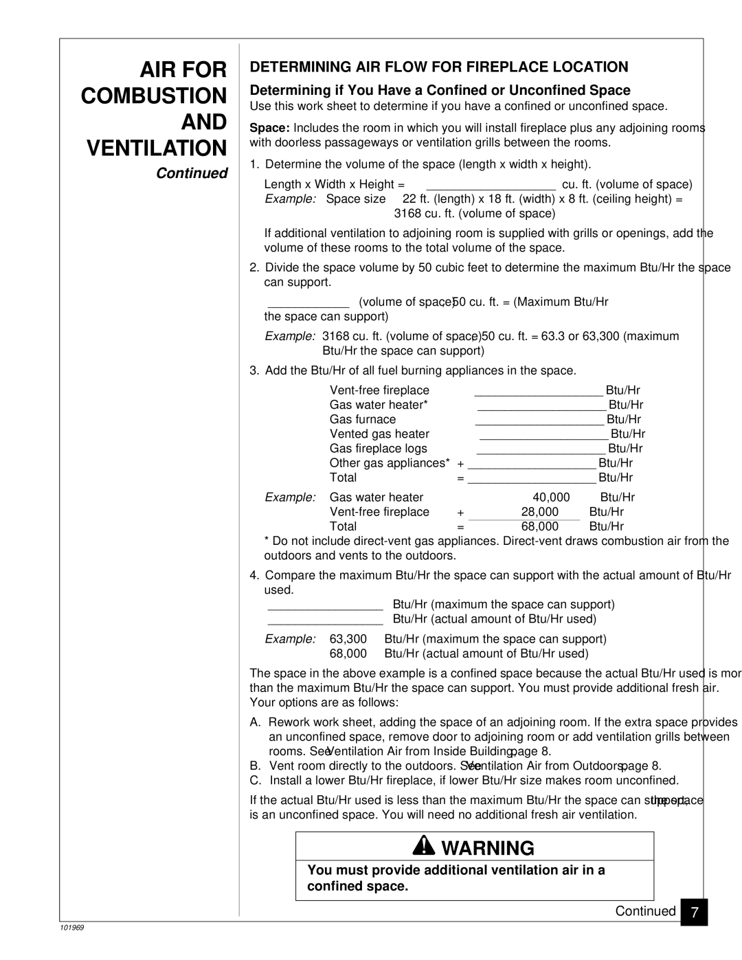 Desa UNVENTED (VENT-FREE) PROPANE GAS FIREPLACE AIR for, Ventilation, Determining AIR Flow for Fireplace Location 