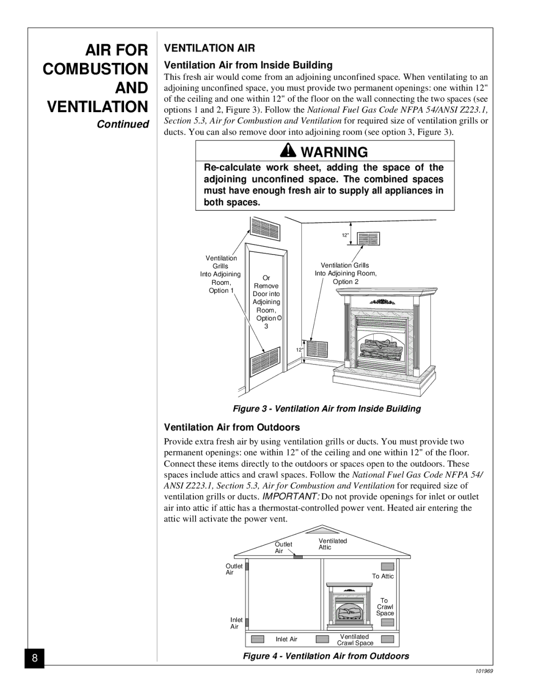 Desa UNVENTED (VENT-FREE) PROPANE GAS FIREPLACE installation manual Ventilation AIR, Ventilation Air from Inside Building 