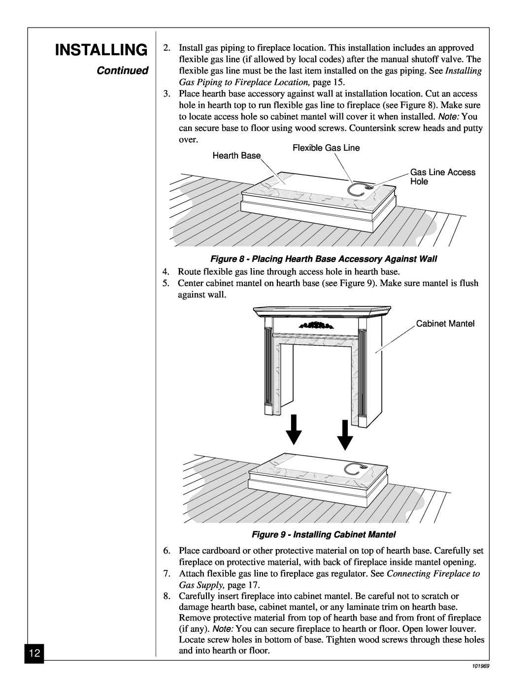 Desa UNVENTED (VENT-FREE) PROPANE GAS FIREPLACE installation manual Installing, Continued, over 