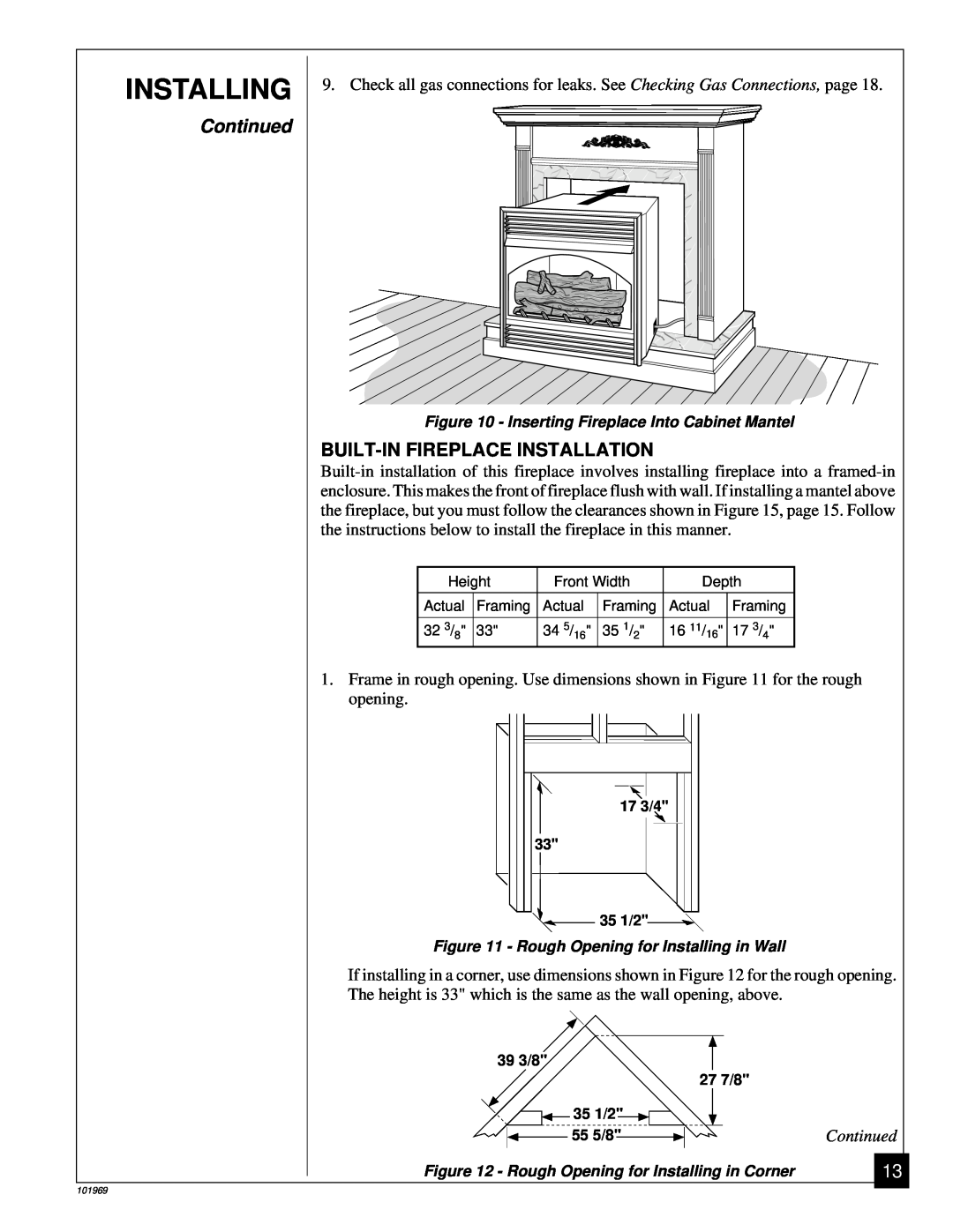 Desa UNVENTED (VENT-FREE) PROPANE GAS FIREPLACE installation manual Installing, Continued, Built-Infireplace Installation 