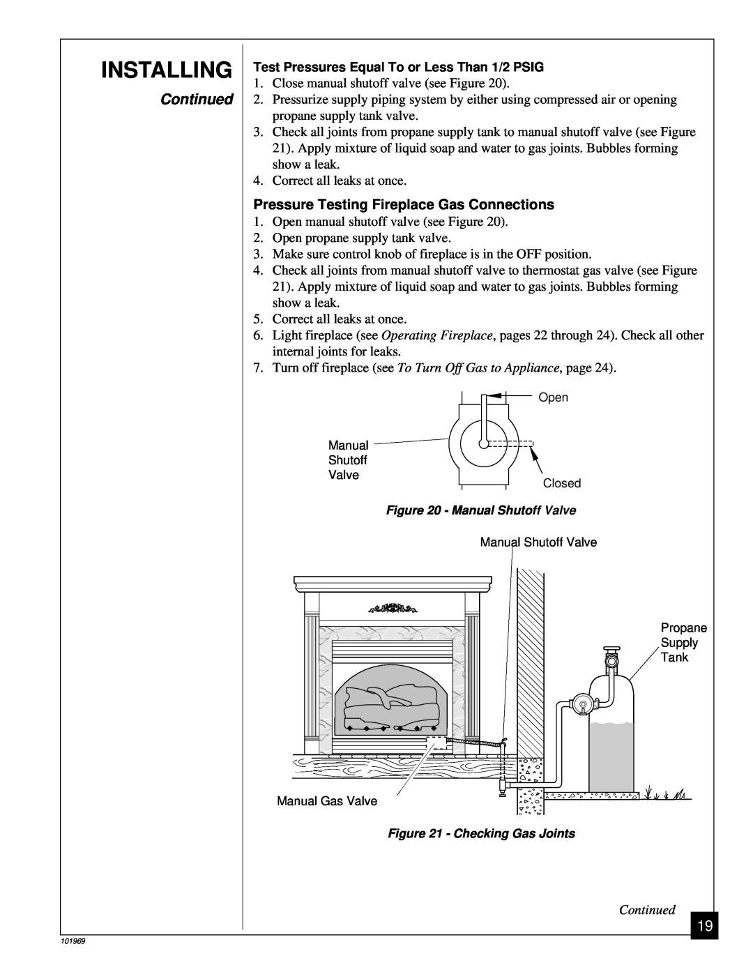 Desa UNVENTED (VENT-FREE) PROPANE GAS FIREPLACE Installing, Pressure Testing Fireplace Gas Connections, Continued 
