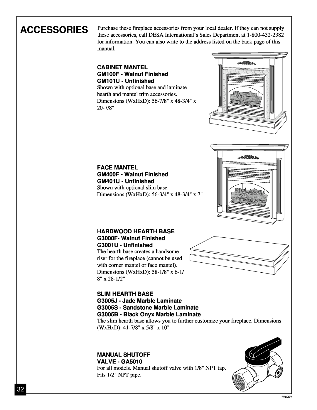 Desa UNVENTED (VENT-FREE) PROPANE GAS FIREPLACE installation manual Accessories 