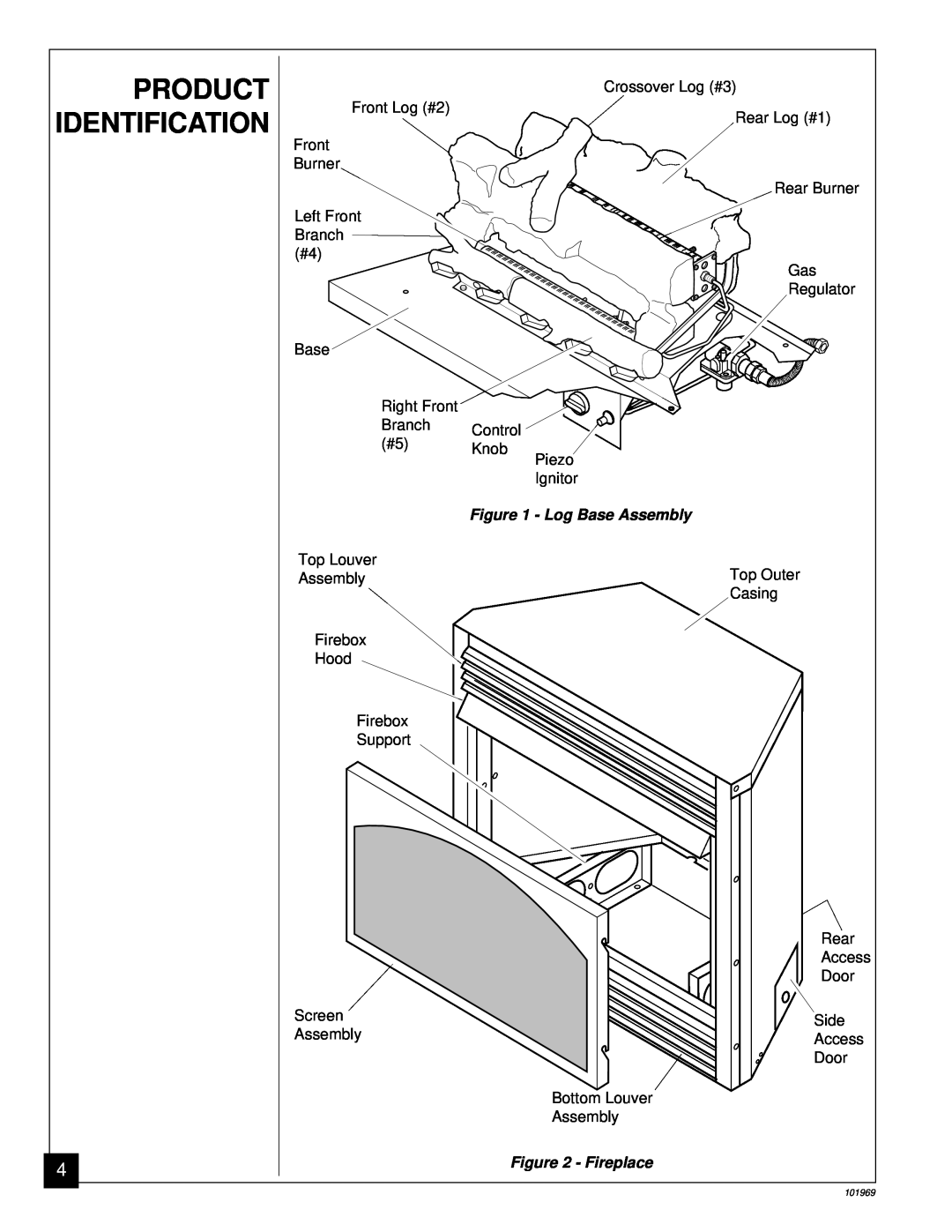 Desa UNVENTED (VENT-FREE) PROPANE GAS FIREPLACE installation manual Product, Identification, Log Base Assembly, Fireplace 