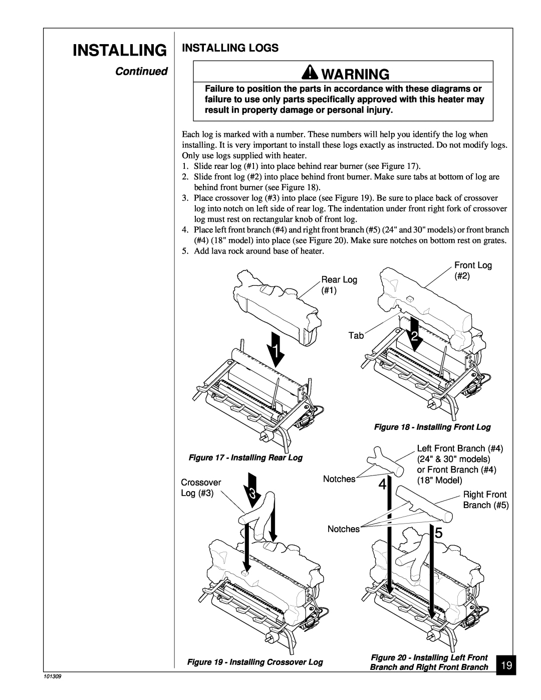 Desa UNVENTED (VENT-FREE) PROPANE GAS LOG HEATER installation manual Continued, Installing Logs 