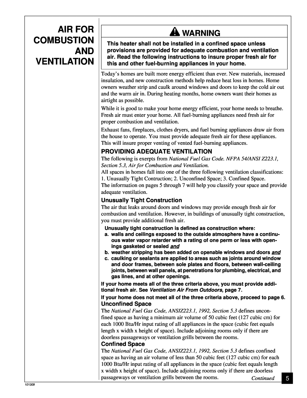 Desa UNVENTED (VENT-FREE) PROPANE GAS LOG HEATER installation manual Air For, Ventilation, Combustion 