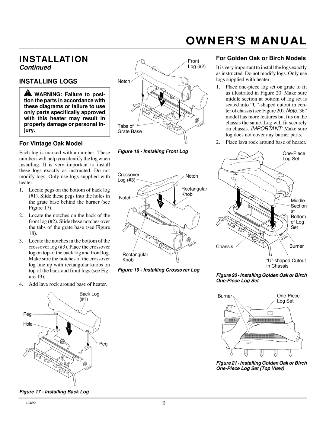 Desa UNVENTED (VENT-FREE) PROPANE/LP GAS LOG HEATER Installing Logs, For Vintage Oak Model, For Golden Oak or Birch Models 