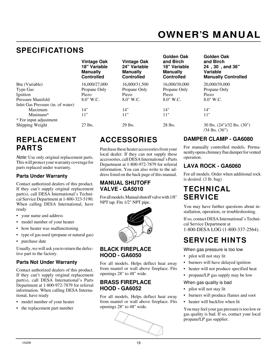 Desa UNVENTED (VENT-FREE) PROPANE/LP GAS LOG HEATER Specifications, Replacement Parts, Accessories, Technical Service 