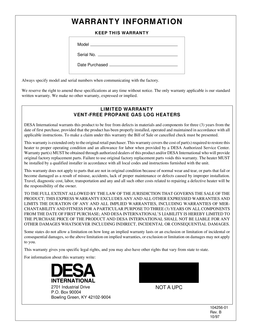 Desa UNVENTED (VENT-FREE) PROPANE/LP GAS LOG HEATER installation manual Warranty Information 