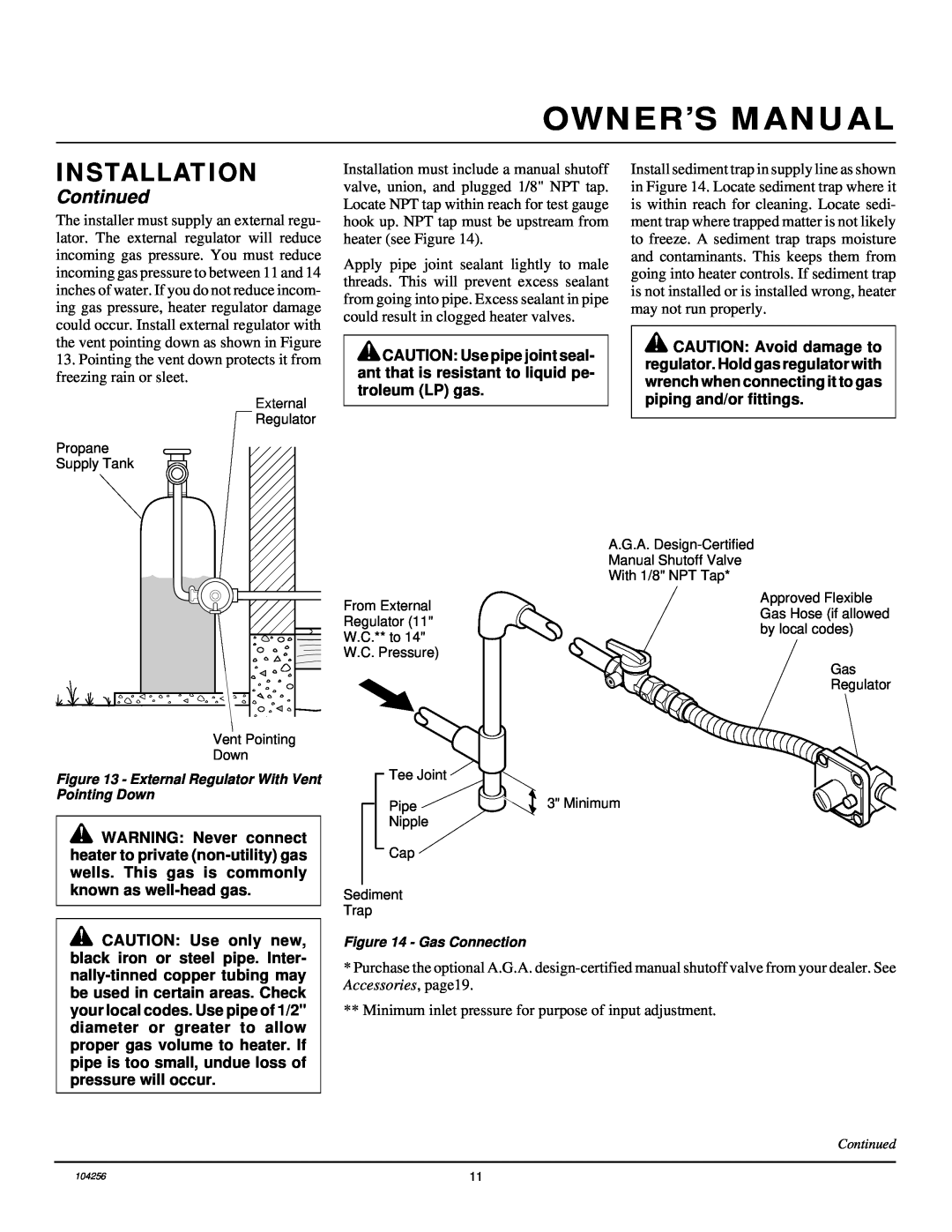 Desa UNVENTED (VENT-FREE) PROPANE/LP GAS LOG HEATER installation manual Installation, Continued, Gas Connection 