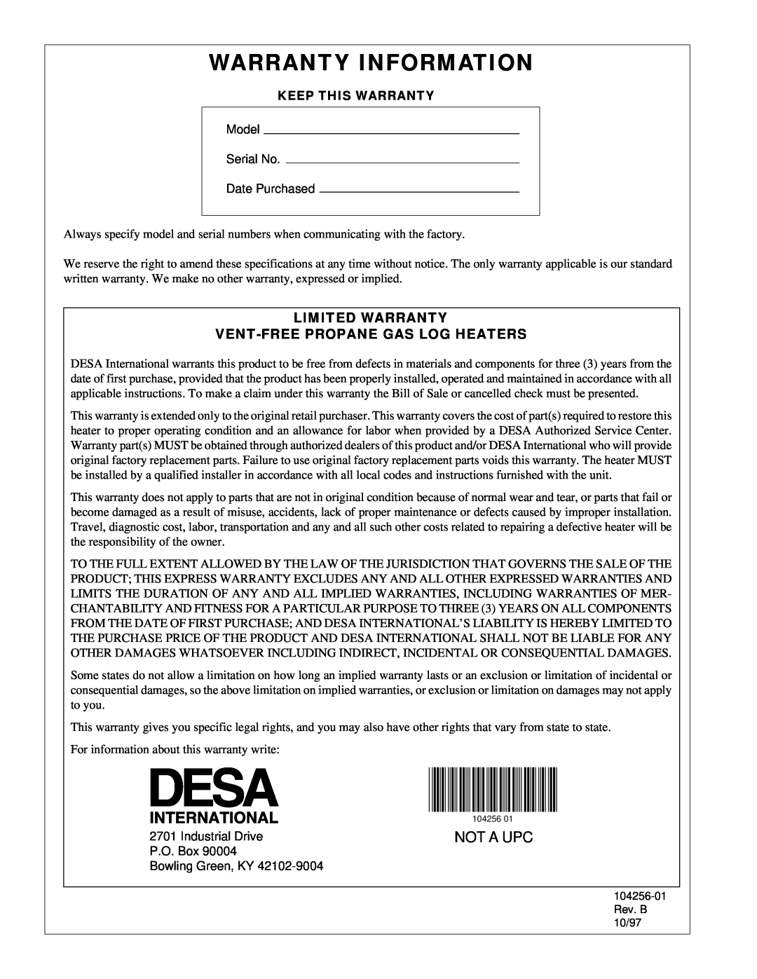 Desa UNVENTED (VENT-FREE) PROPANE/LP GAS LOG HEATER installation manual Warranty Information, Not A Upc 