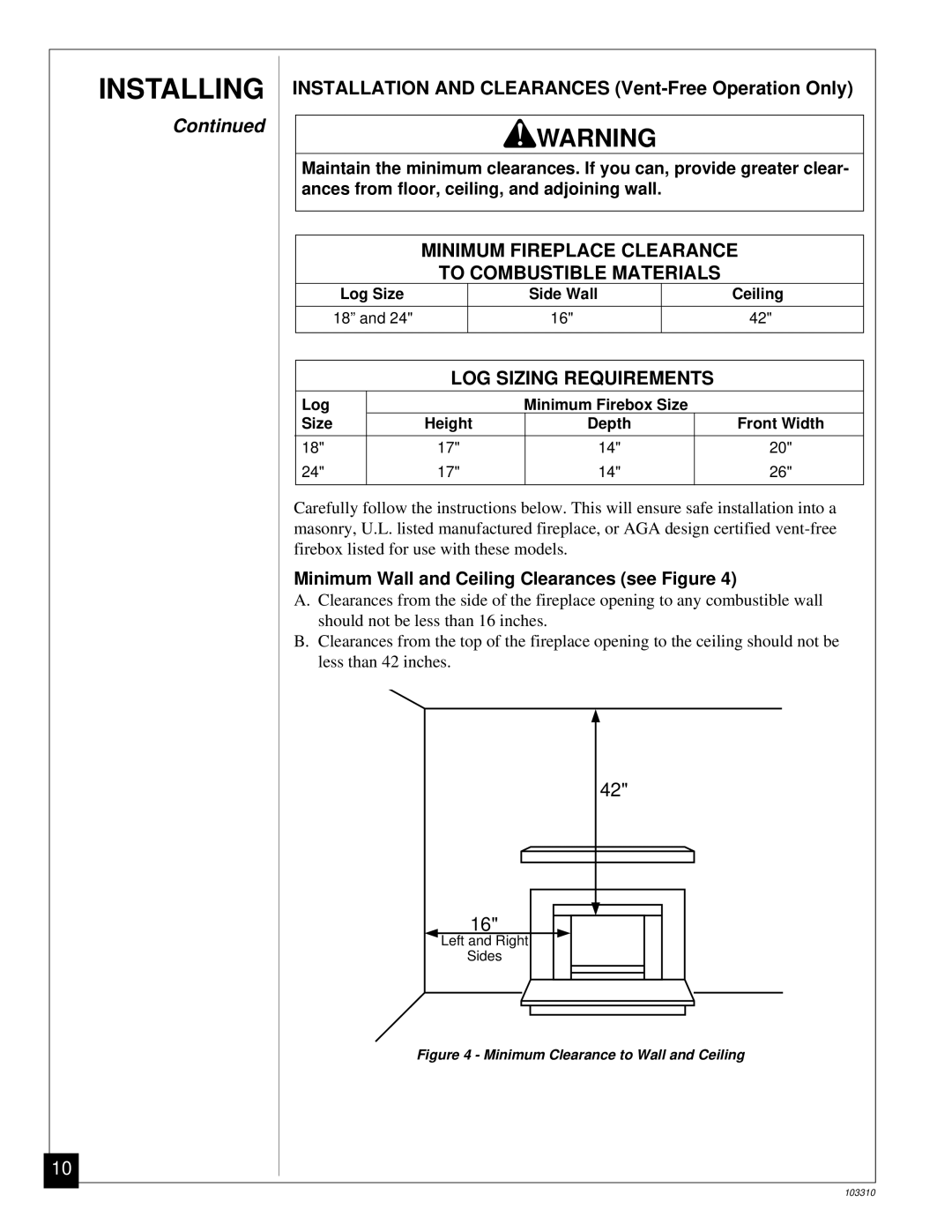 Desa UNVENTED (VENT-FREE) PROPANE/LPGAS LOG HEATER installation manual Minimum Fireplace Clearance To Combustible Materials 