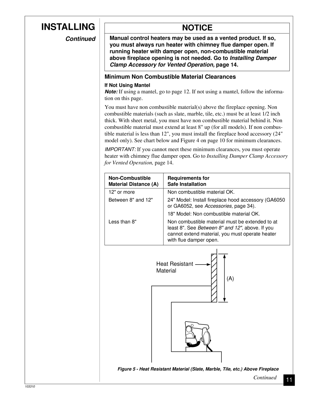 Desa UNVENTED (VENT-FREE) PROPANE/LPGAS LOG HEATER installation manual Minimum Non Combustible Material Clearances 