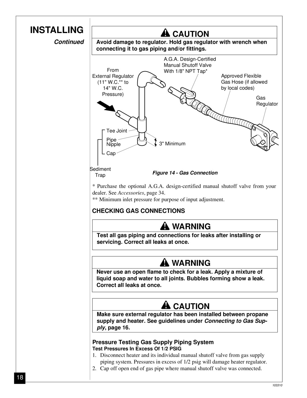 Desa UNVENTED (VENT-FREE) PROPANE/LPGAS LOG HEATER Checking GAS Connections, Pressure Testing Gas Supply Piping System 