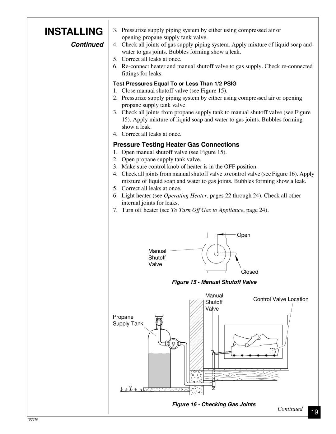 Desa UNVENTED (VENT-FREE) PROPANE/LPGAS LOG HEATER Pressure Testing Heater Gas Connections, Manual Shutoff Valve 