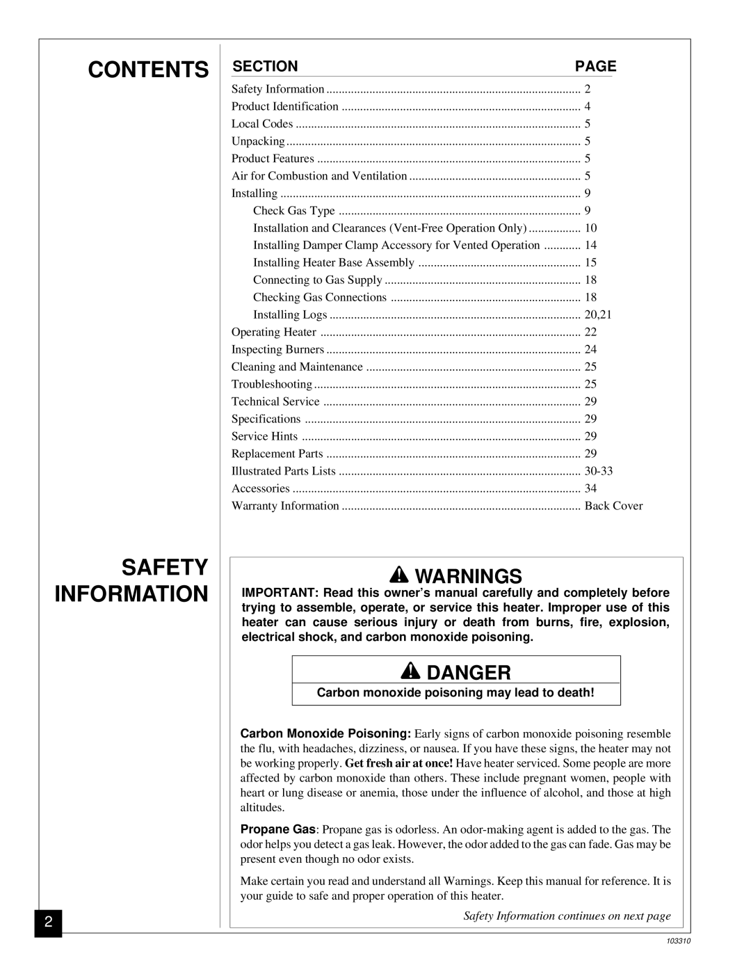 Desa UNVENTED (VENT-FREE) PROPANE/LPGAS LOG HEATER installation manual Contents Safety Information 