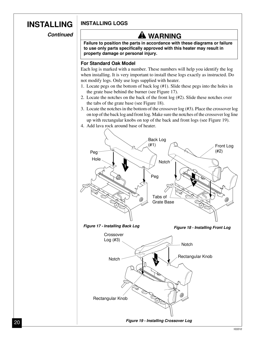 Desa UNVENTED (VENT-FREE) PROPANE/LPGAS LOG HEATER installation manual Installing Logs, For Standard Oak Model 