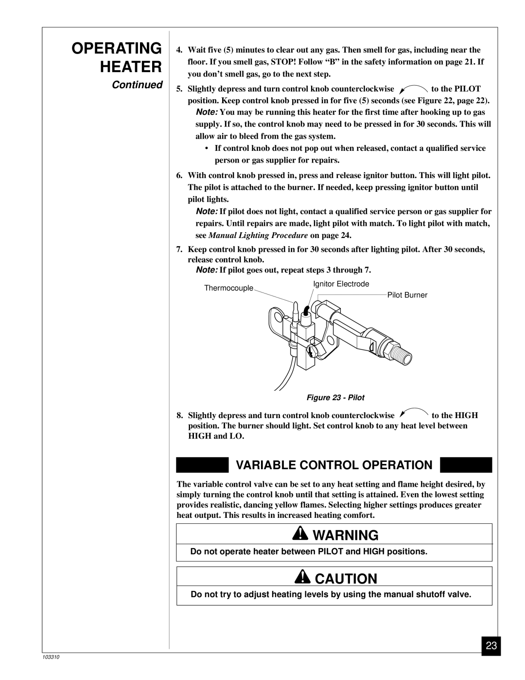 Desa UNVENTED (VENT-FREE) PROPANE/LPGAS LOG HEATER installation manual Variable Control Operation 