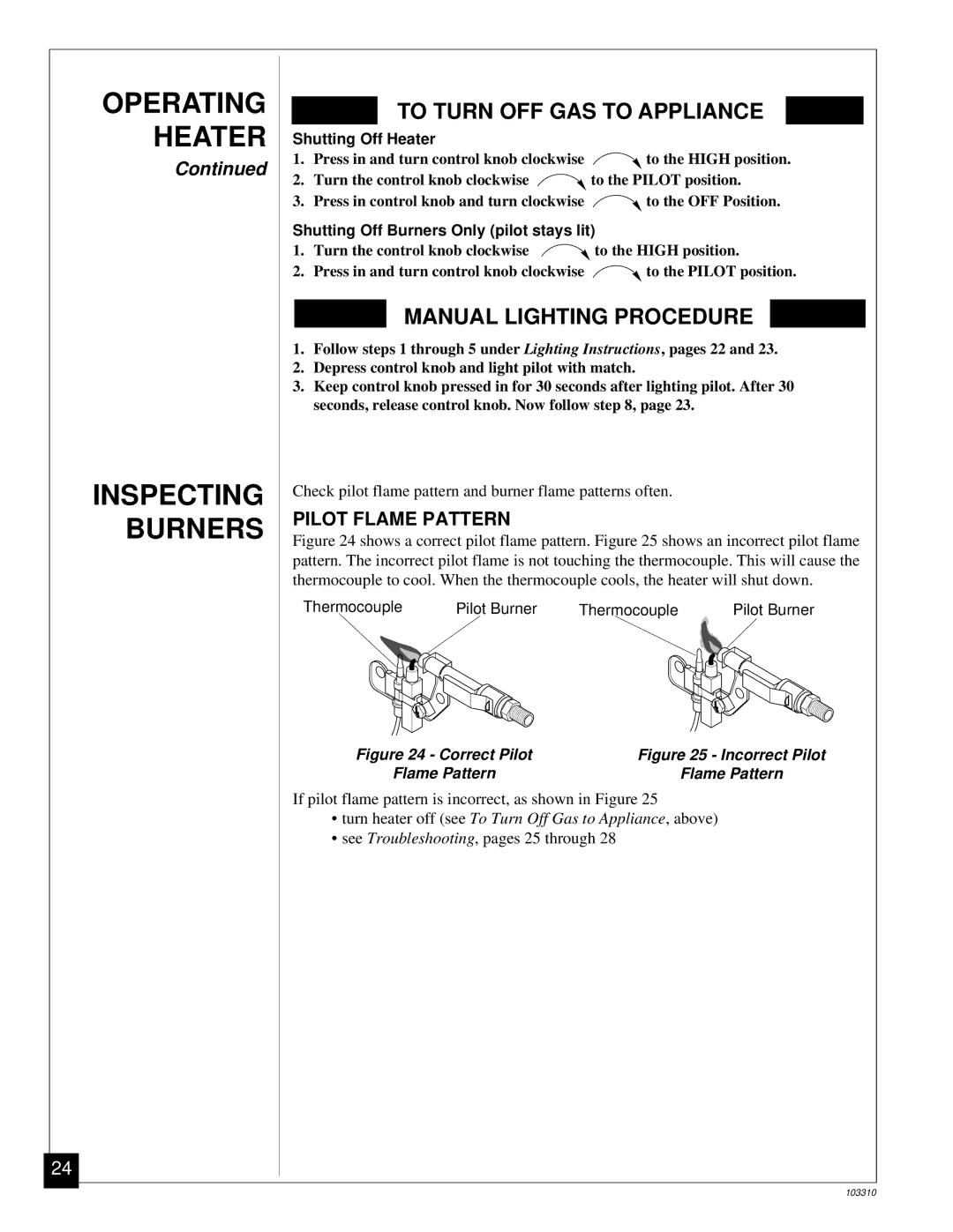 Desa UNVENTED (VENT-FREE) PROPANE/LPGAS LOG HEATER Operating Heater Inspecting Burners, Pilot Flame Pattern 