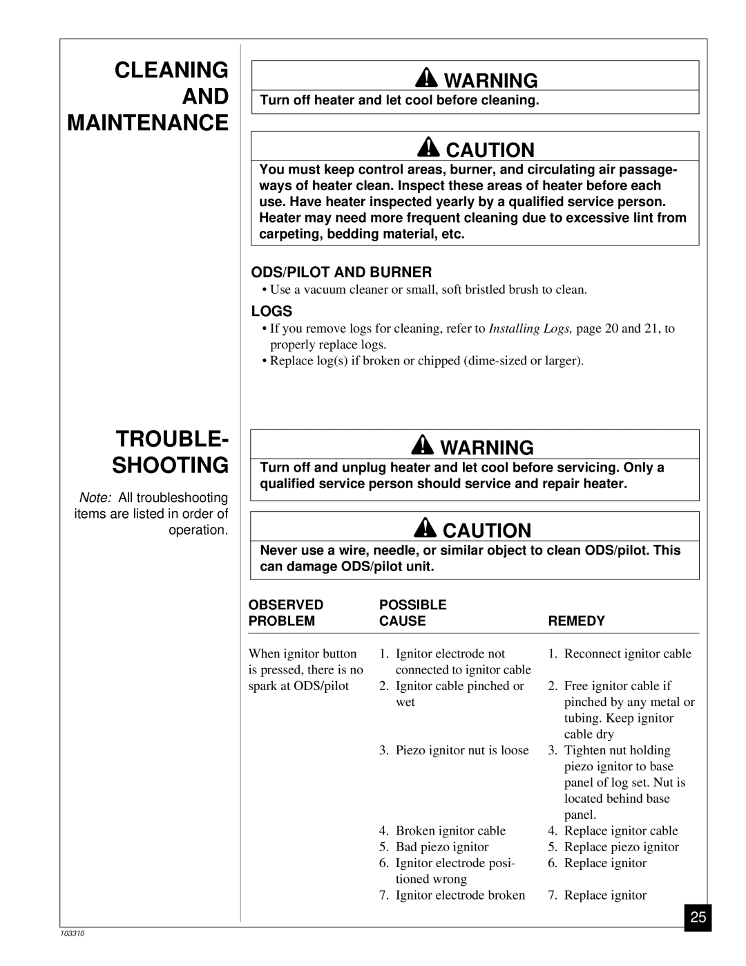 Desa UNVENTED (VENT-FREE) PROPANE/LPGAS LOG HEATER Trouble Shooting, ODS/PILOT and Burner, Logs, Can damage ODS/pilot unit 