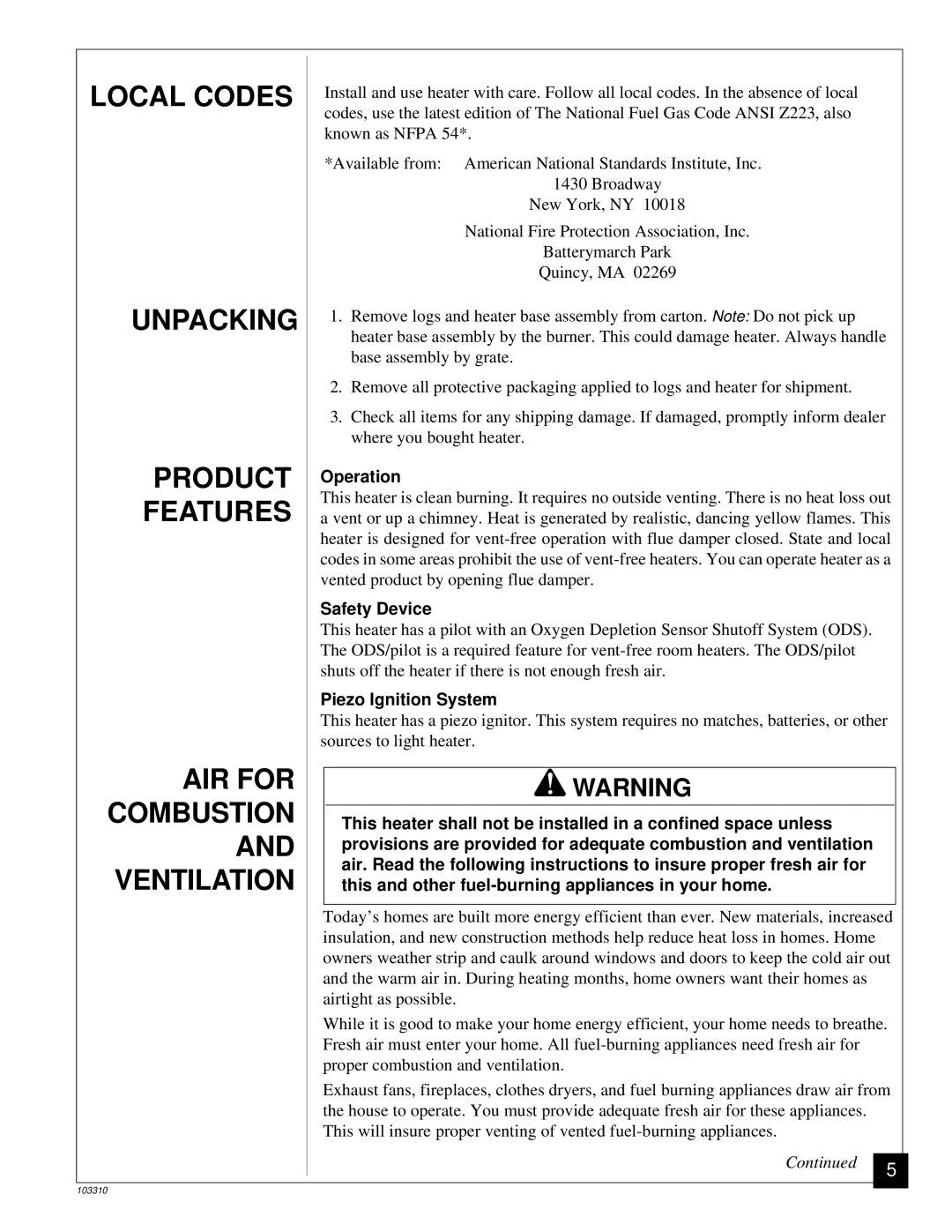 Desa UNVENTED (VENT-FREE) PROPANE/LPGAS LOG HEATER Local Codes, Unpacking, Product, Features, AIR for Combustion 