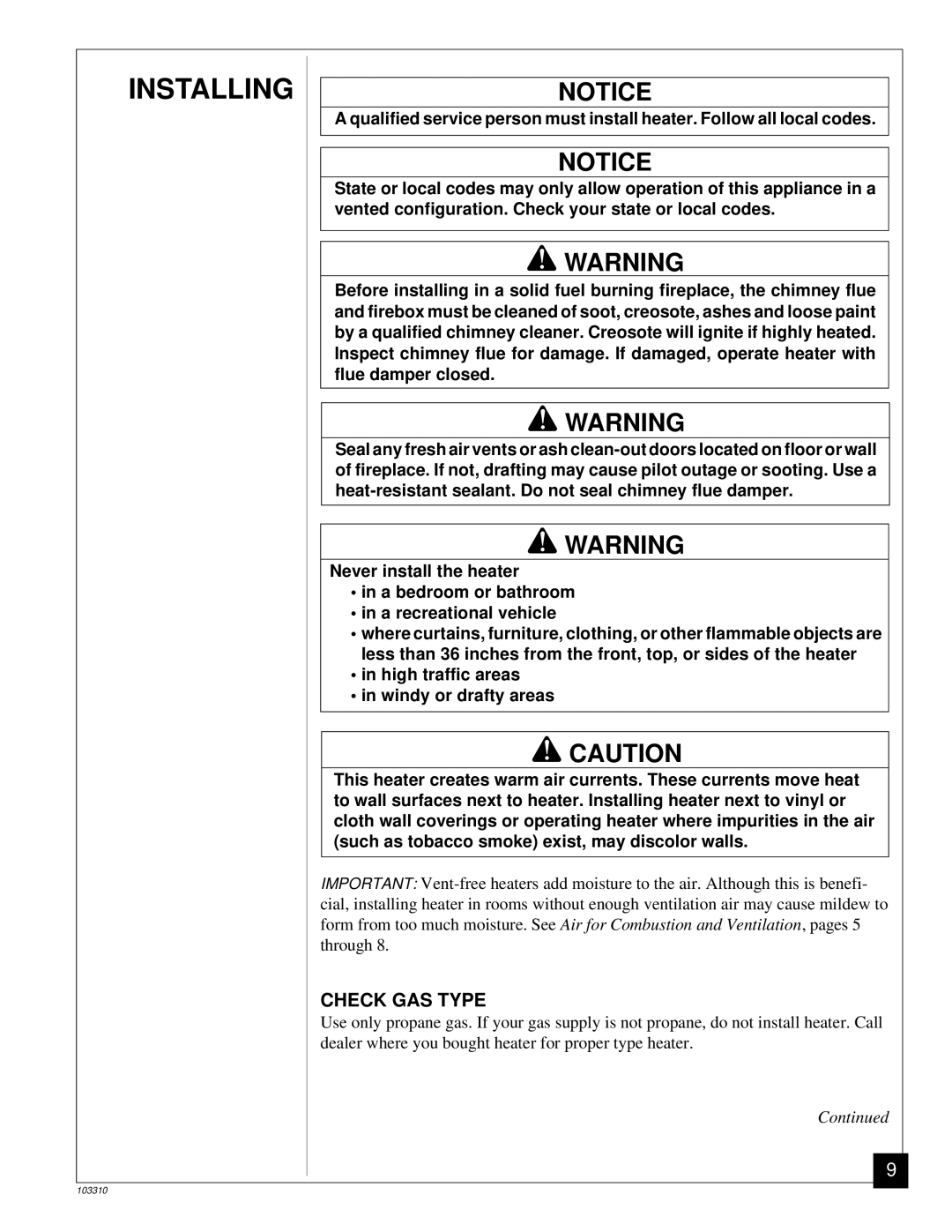 Desa UNVENTED (VENT-FREE) PROPANE/LPGAS LOG HEATER installation manual Installing, Check GAS Type 