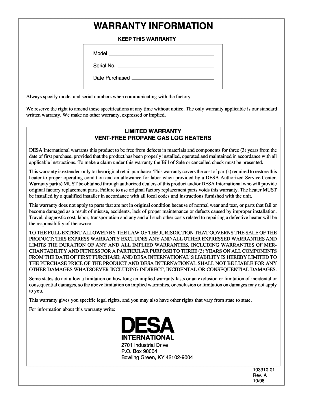 Desa UNVENTED (VENT-FREE) PROPANE/LPGAS LOG HEATER Warranty Information, Limited Warranty Vent-Freepropane Gas Log Heaters 