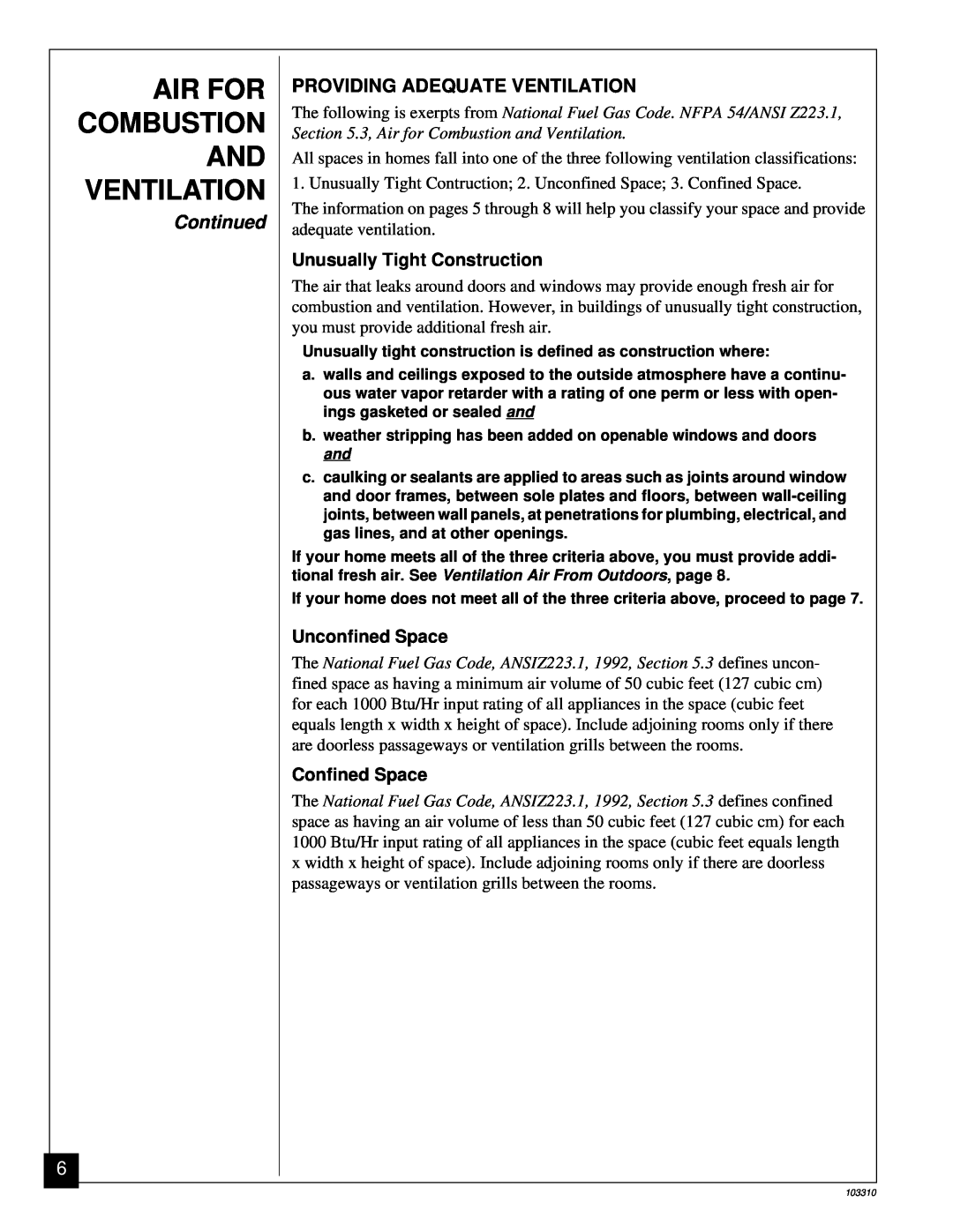 Desa UNVENTED (VENT-FREE) PROPANE/LPGAS LOG HEATER installation manual Air For Combustion And Ventilation, Continued 