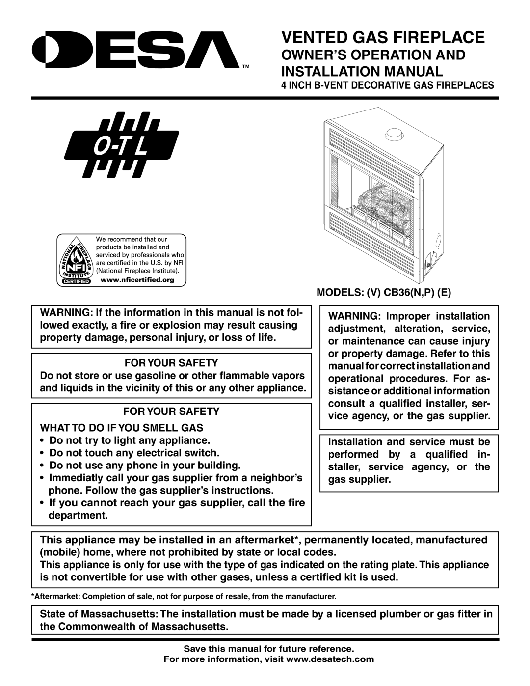 Desa (V) CB36(N installation manual OWNER’S Operation and Installation Manual, For Your Safety What to do if YOU Smell GAS 