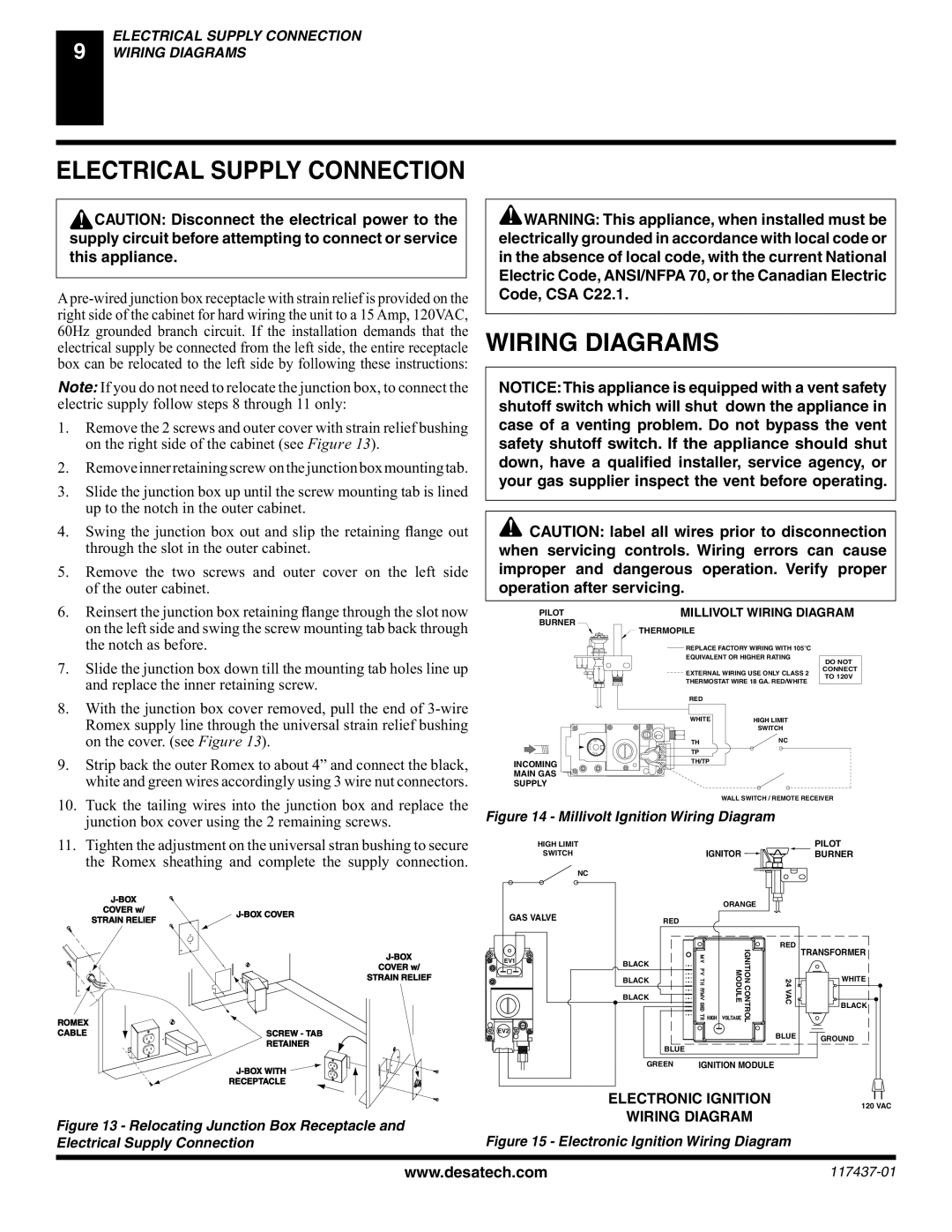 Desa (V) CB36(N installation manual Electrical Supply Connection, Wiring Diagrams, Electronic Ignition Wiring Diagram 