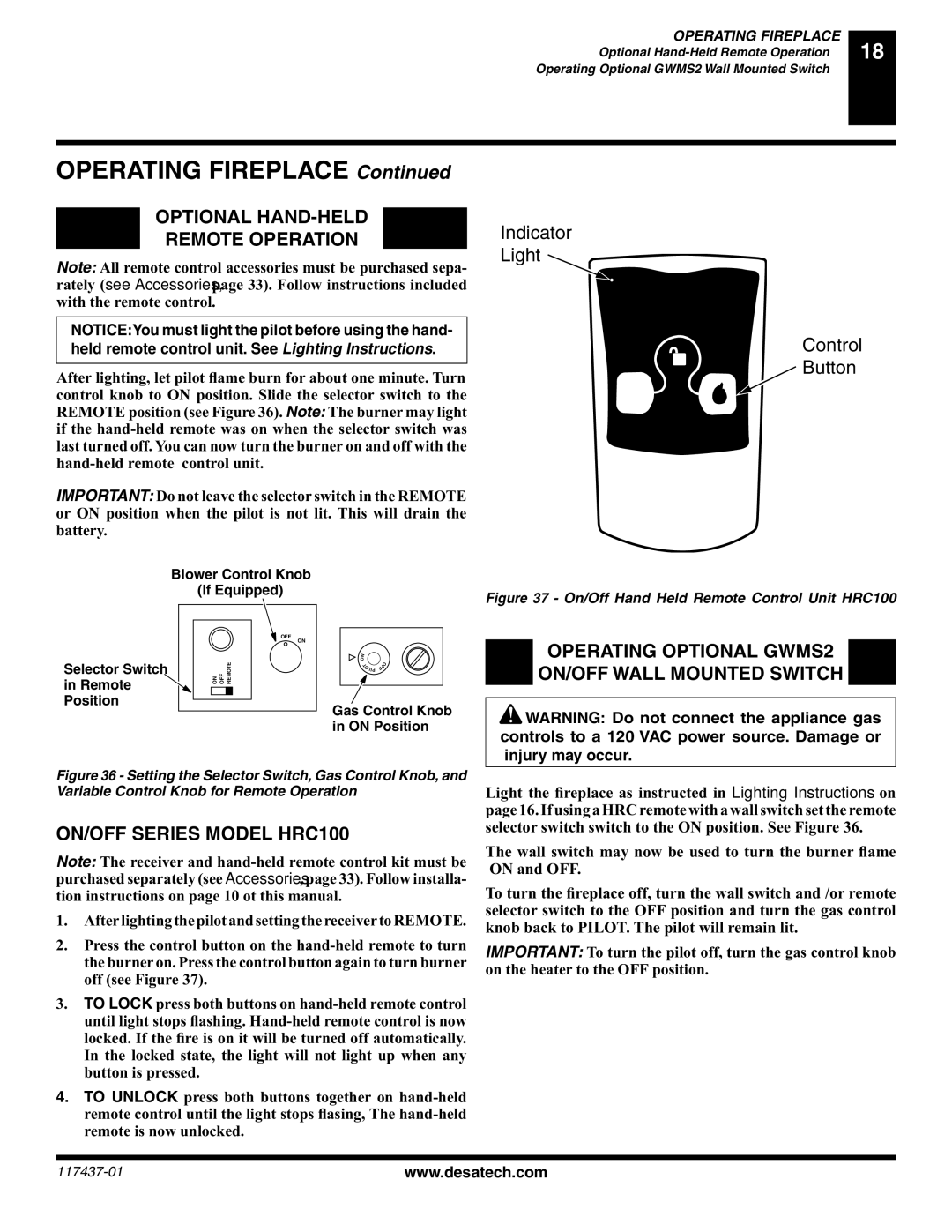 Desa (V) CB36(N installation manual Optional HAND-HELD Remote Operation, ON/OFF Series Model HRC100 