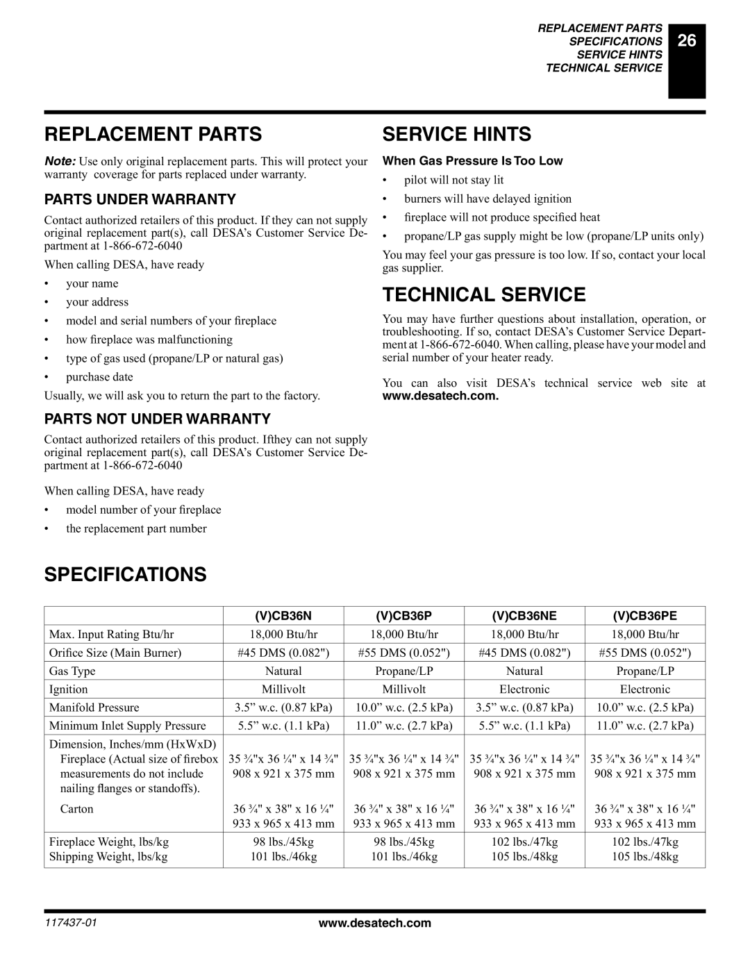 Desa (V) CB36(N Replacement Parts Service Hints, Technical Service, Specifications, Parts Under Warranty 