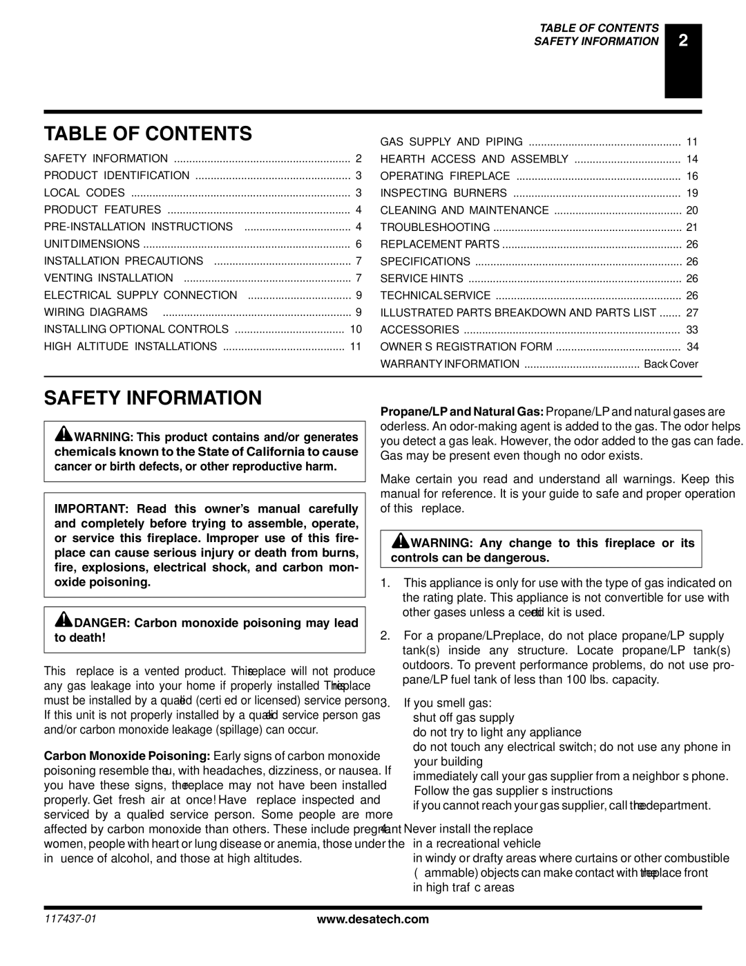 Desa (V) CB36(N installation manual Table of Contents, Safety Information 