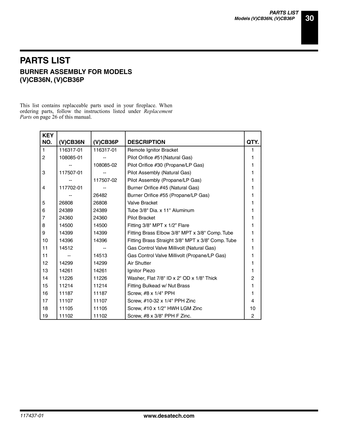 Desa (V) CB36(N installation manual VCB36N VCB36P, Description QTY 