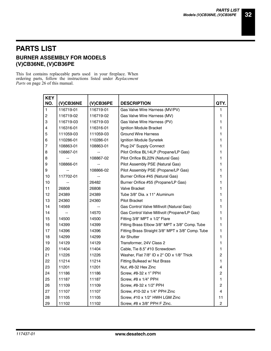 Desa (V) CB36(N installation manual KEY VCB36NE VCB36PE Description QTY 