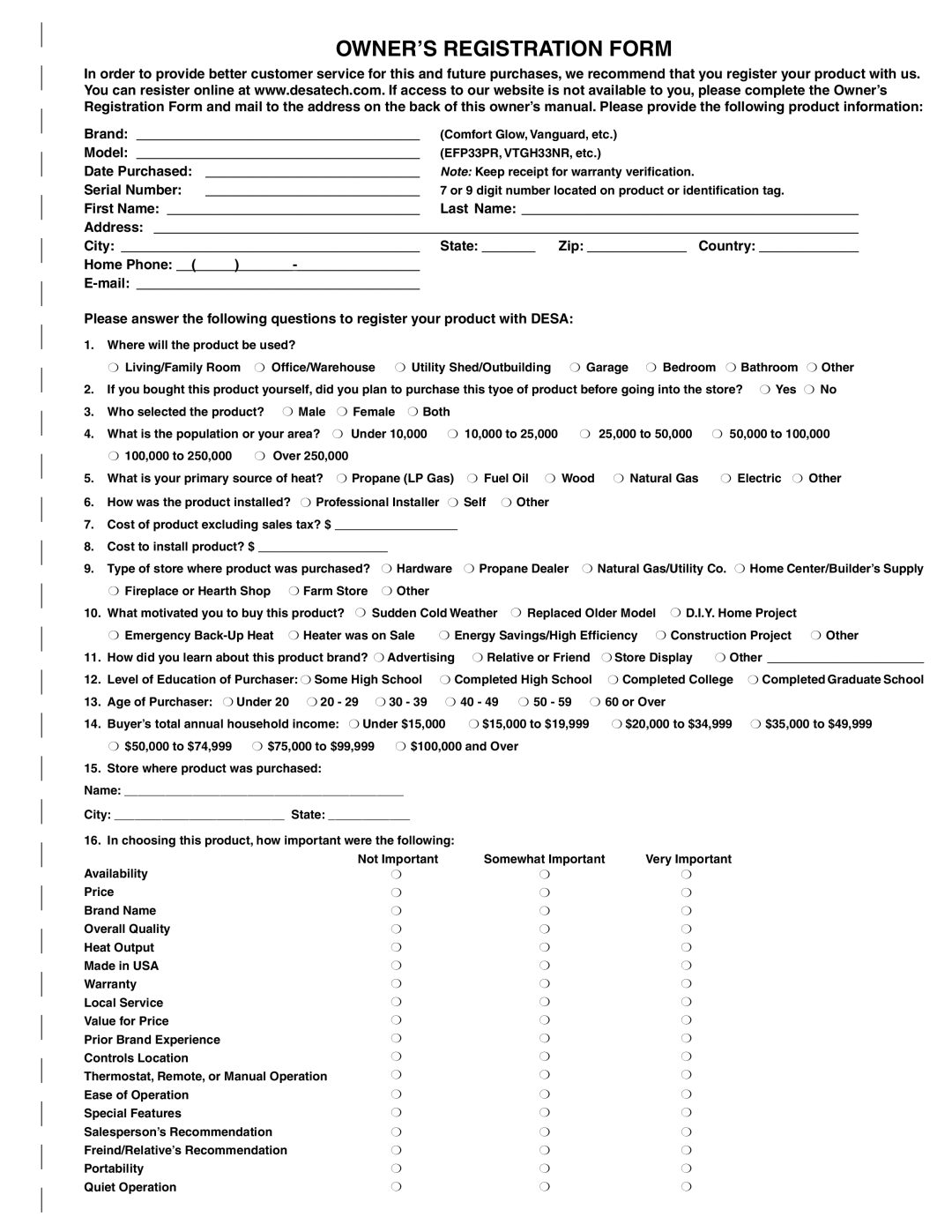 Desa (V) CB36(N installation manual OWNER’S Registration Form 