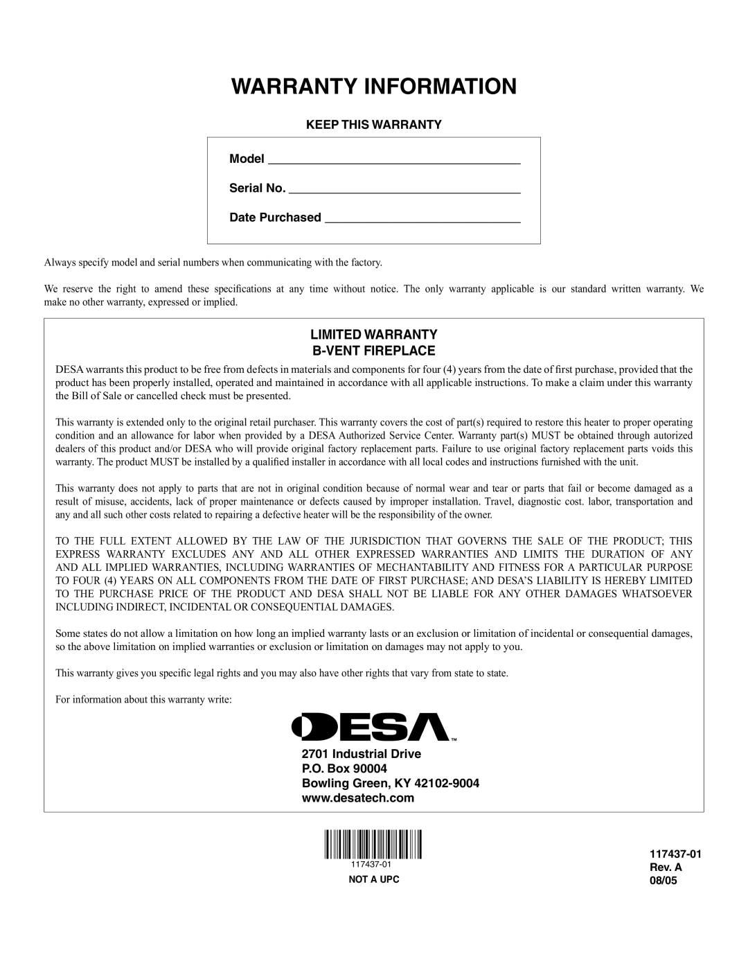 Desa (V) CB36(N installation manual Keep this Warranty, Model Serial No Date Purchased, Industrial Drive P.O. Box 