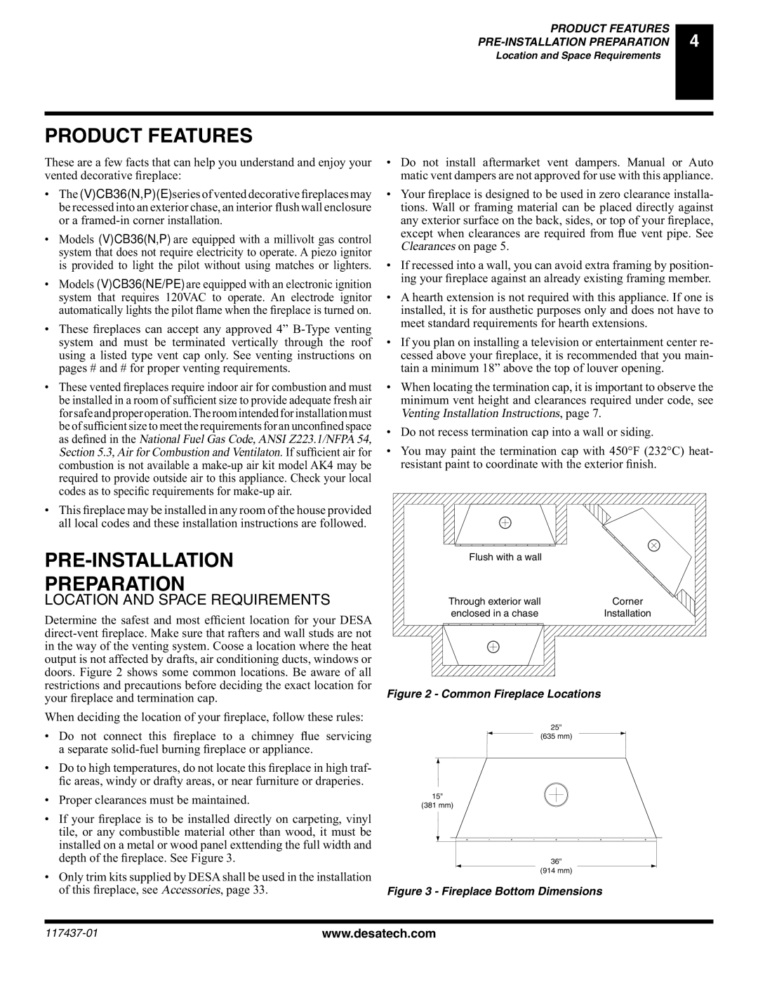 Desa (V) CB36(N installation manual Product Features, PRE-INSTALLATION Preparation 