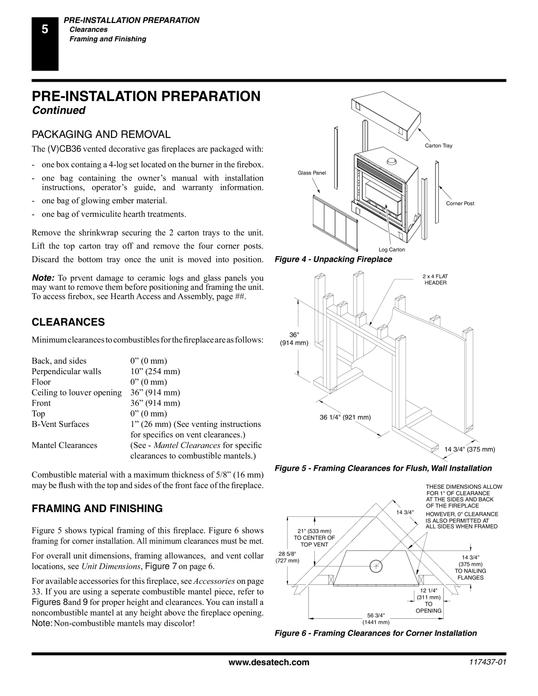 Desa (V) CB36(N installation manual PRE-INSTALATION Preparation, Clearances, Framing and Finishing 