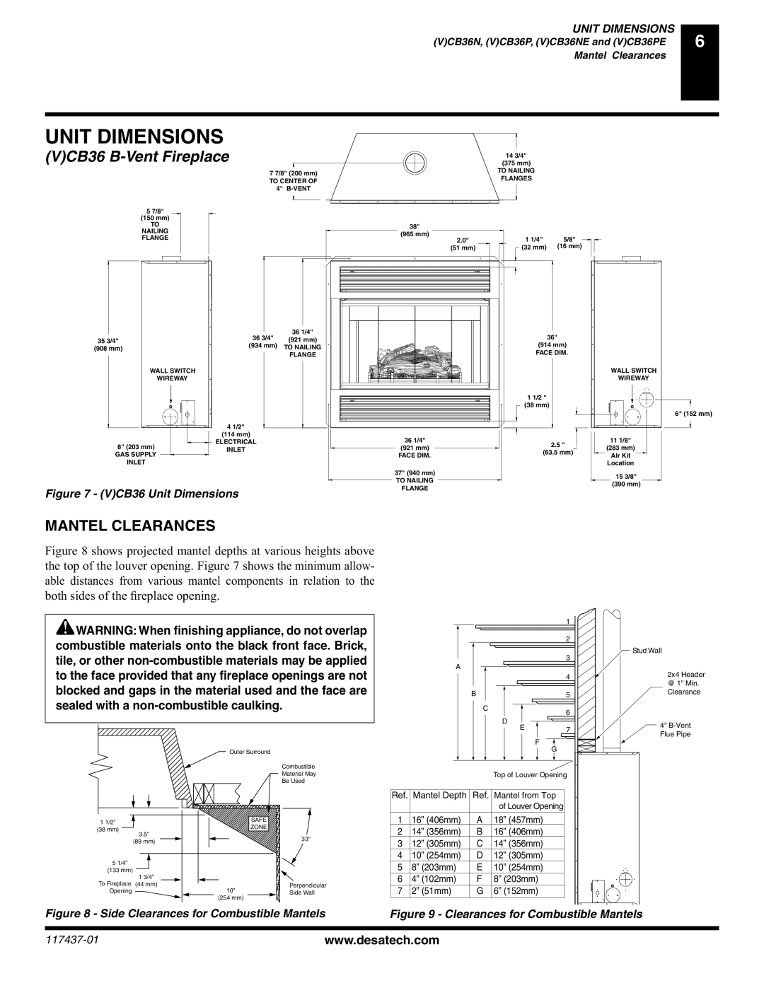 Desa (V) CB36(N installation manual Unit Dimensions, Mantel Clearances 