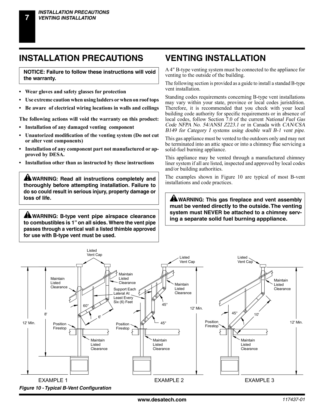 Desa (V) CB36(N installation manual Installation Precautions Venting Installation, Typical B-Vent Conﬁguration 