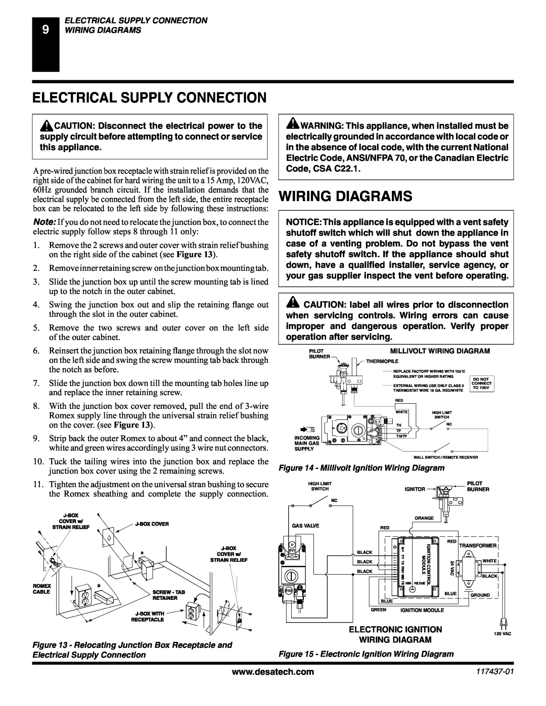 Desa (V) CB36(N installation manual Electrical Supply Connection, Wiring Diagrams, Electronic Ignition Wiring Diagram 