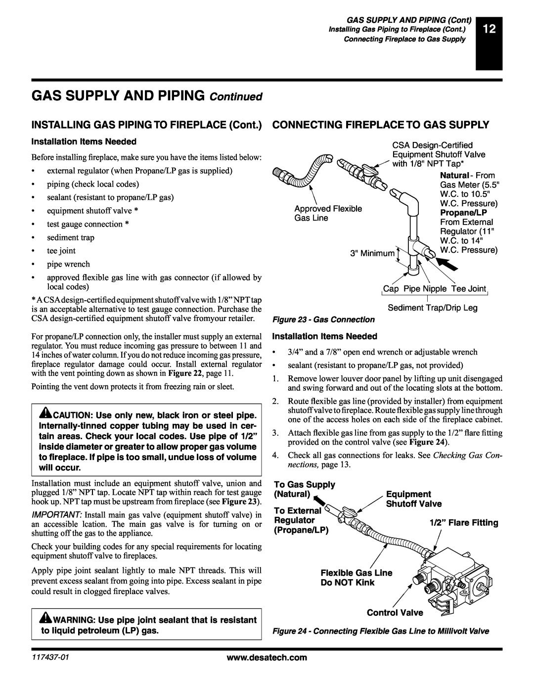 Desa (V) CB36(N GAS SUPPLY AND PIPING Continued, Installation Items Needed, Natural - From, Propane/LP, To External 