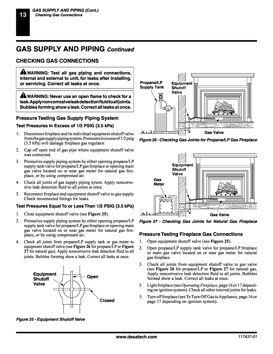 Desa (V) CB36(N Checking Gas Connections, GAS SUPPLY AND PIPING Continued, Test Pressures In Excess of 1/2 PSIG 3.5 kPa 