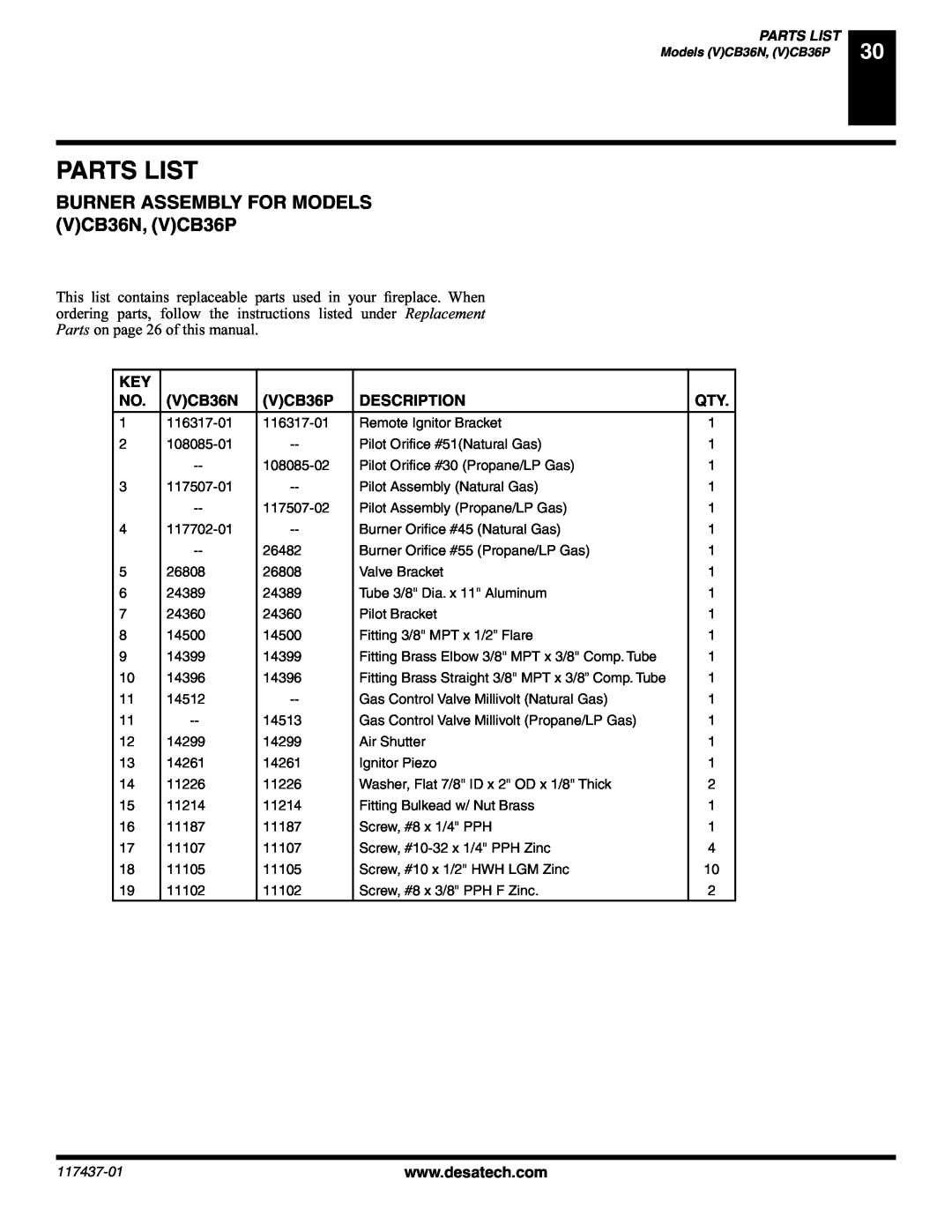 Desa (V) CB36(N installation manual Parts List, BURNER ASSEMBLY FOR MODELS VCB36N, VCB36P, Description 