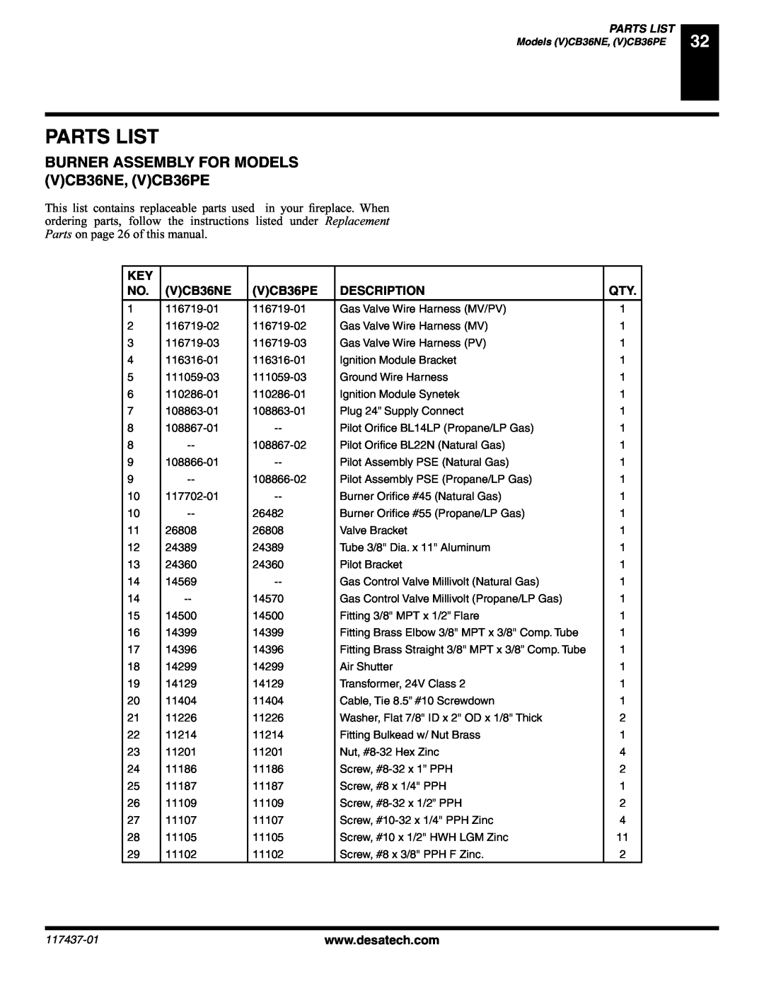 Desa (V) CB36(N installation manual Parts List, BURNER ASSEMBLY FOR MODELS VCB36NE, VCB36PE, Description 