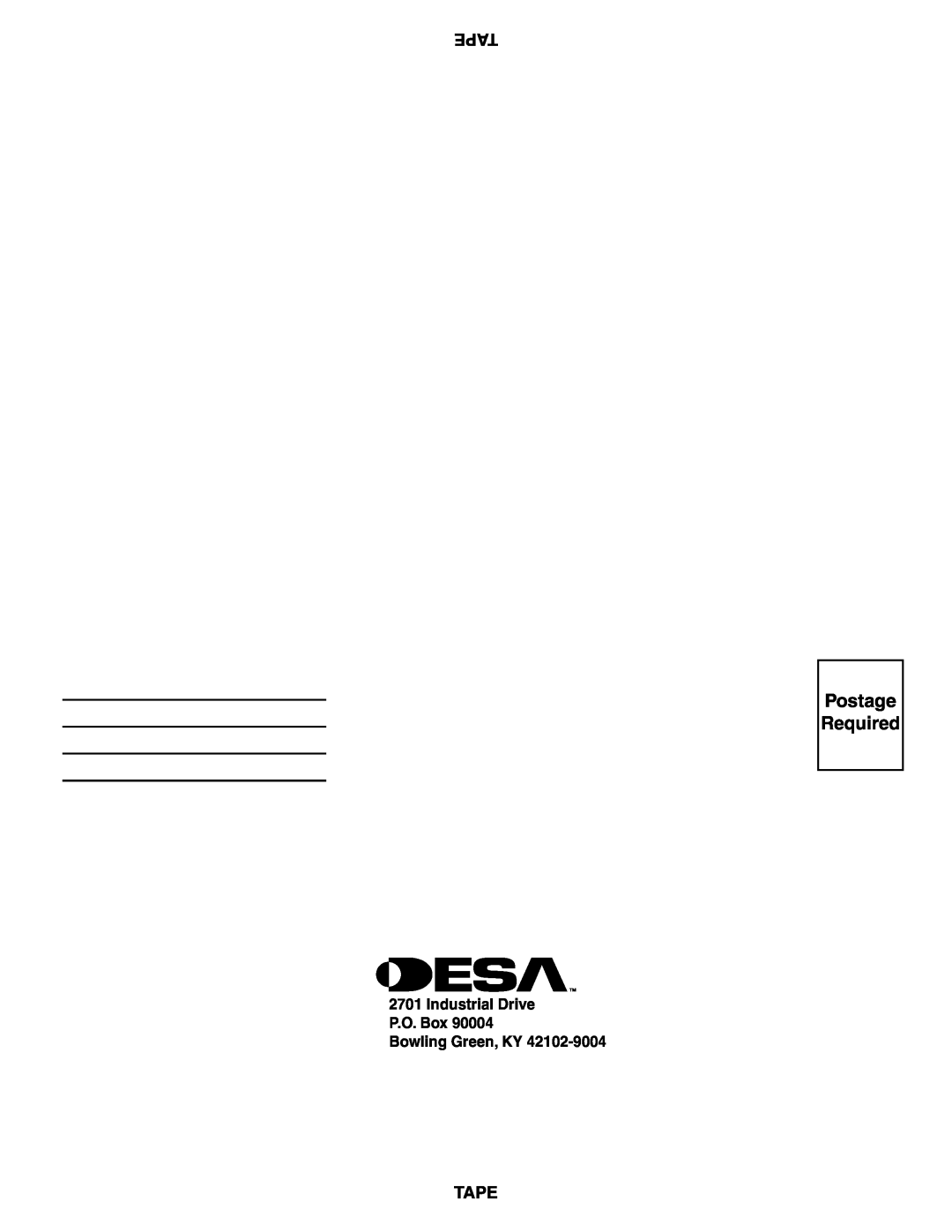 Desa (V) CB36(N installation manual Postage Required, Industrial Drive P.O. Box Bowling Green, KY 