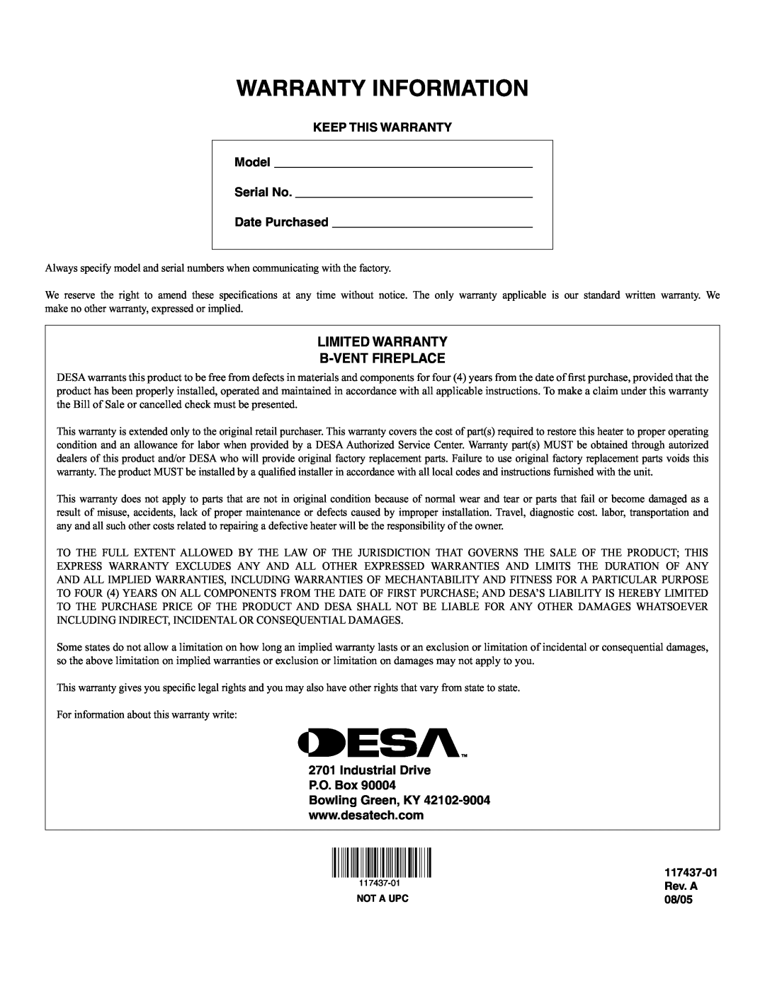 Desa (V) CB36(N Warranty Information, KEEP THIS WARRANTY Model Serial No Date Purchased, Industrial Drive P.O. Box, Rev. A 