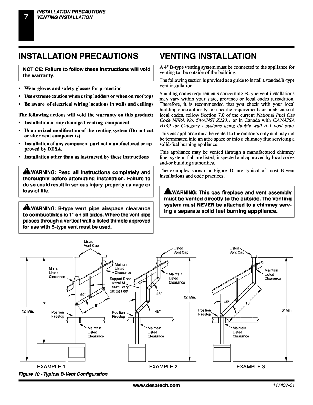 Desa (V) CB36(N installation manual Installation Precautions, Venting Installation 
