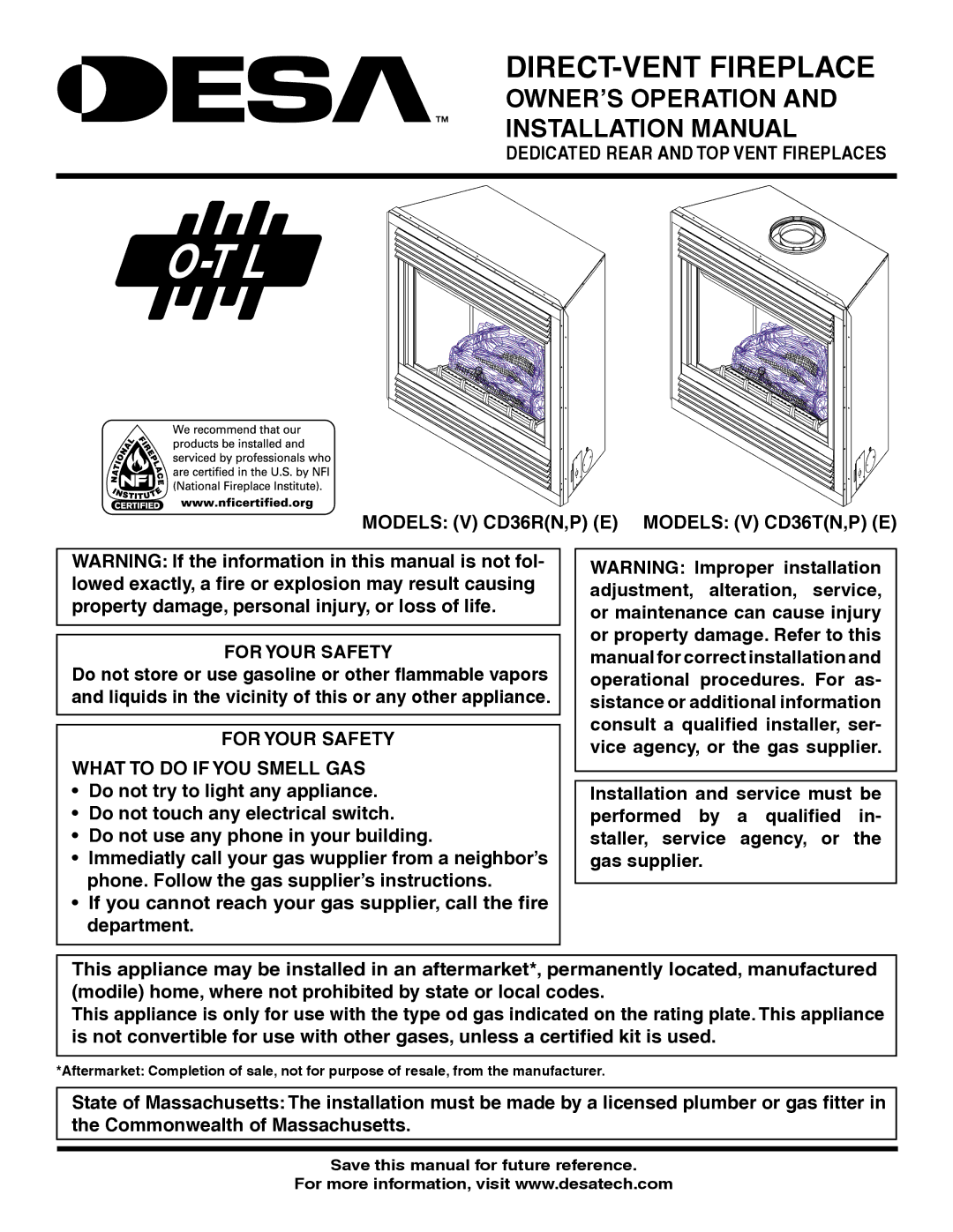 Desa (V) CD36R(N, P) installation manual OWNER’S Operation Installation Manual, Dedicated Rear and TOP Vent Fireplaces 